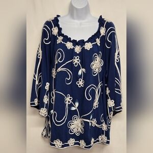 Once Again 2X Blue Tunic Top Stretch Knit Embroidered Flowers Elastic Neck